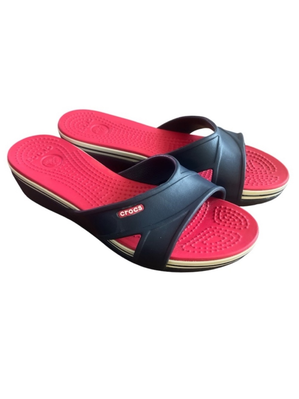 Crocs Crocband Wedge Slide Sandal Navy, red, and white Sz 8